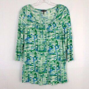 Kristin Davis Green Blue Print 3/4 Sleeve Pullover Top